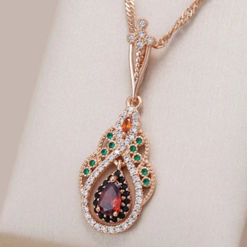 Golden/gold plated Heart Flower Pendant Necklace  red Teardrop Cut Zirconia new